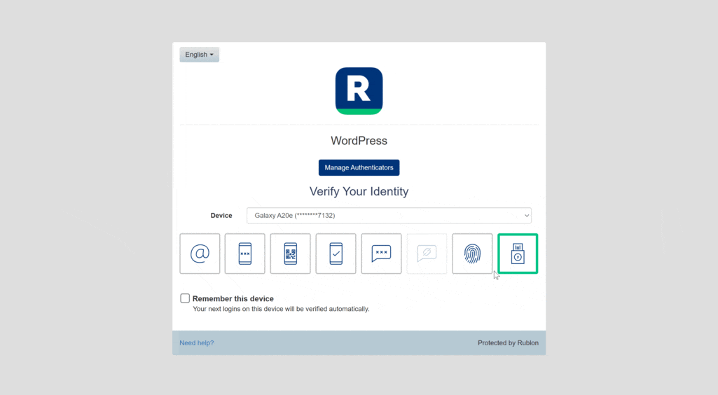 A GIF portraying user login using a hardware-bound FIDO2 passkey in the Rublon MFA platform