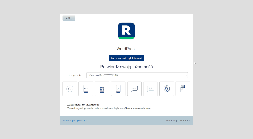 GIF przedstawiający logowanie przy użyciu sprzętowego klucza dostępu FIDO2 w platformie Rublon MFA