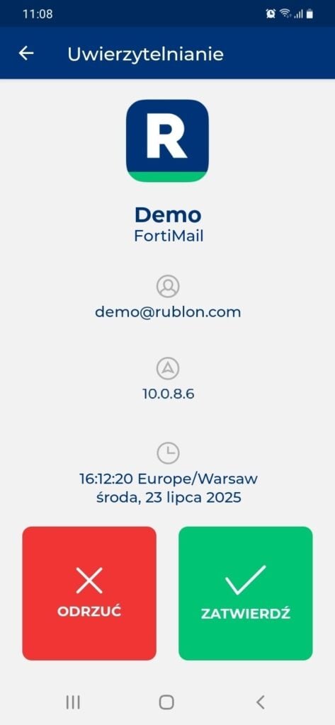 Obrazek przedstawiający powiadomienie push na urządzeniu mobilnym otrzymane przez użytkownika podczas uwierzytelniania do usługi Fortinet FortiMail
