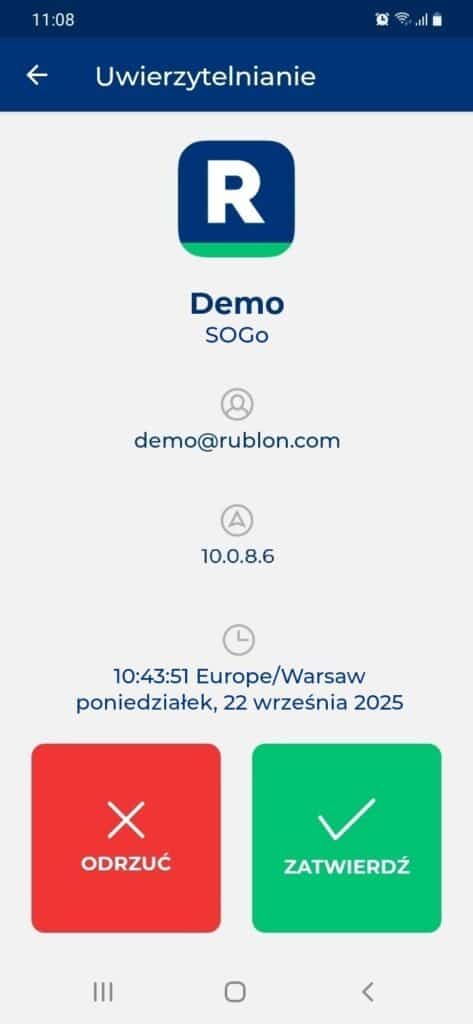 Obrazek przedstawiający Powiadomienie mobilne otrzymane przez użytkownika podczas uwierzytelniania do usługi SOGo.
