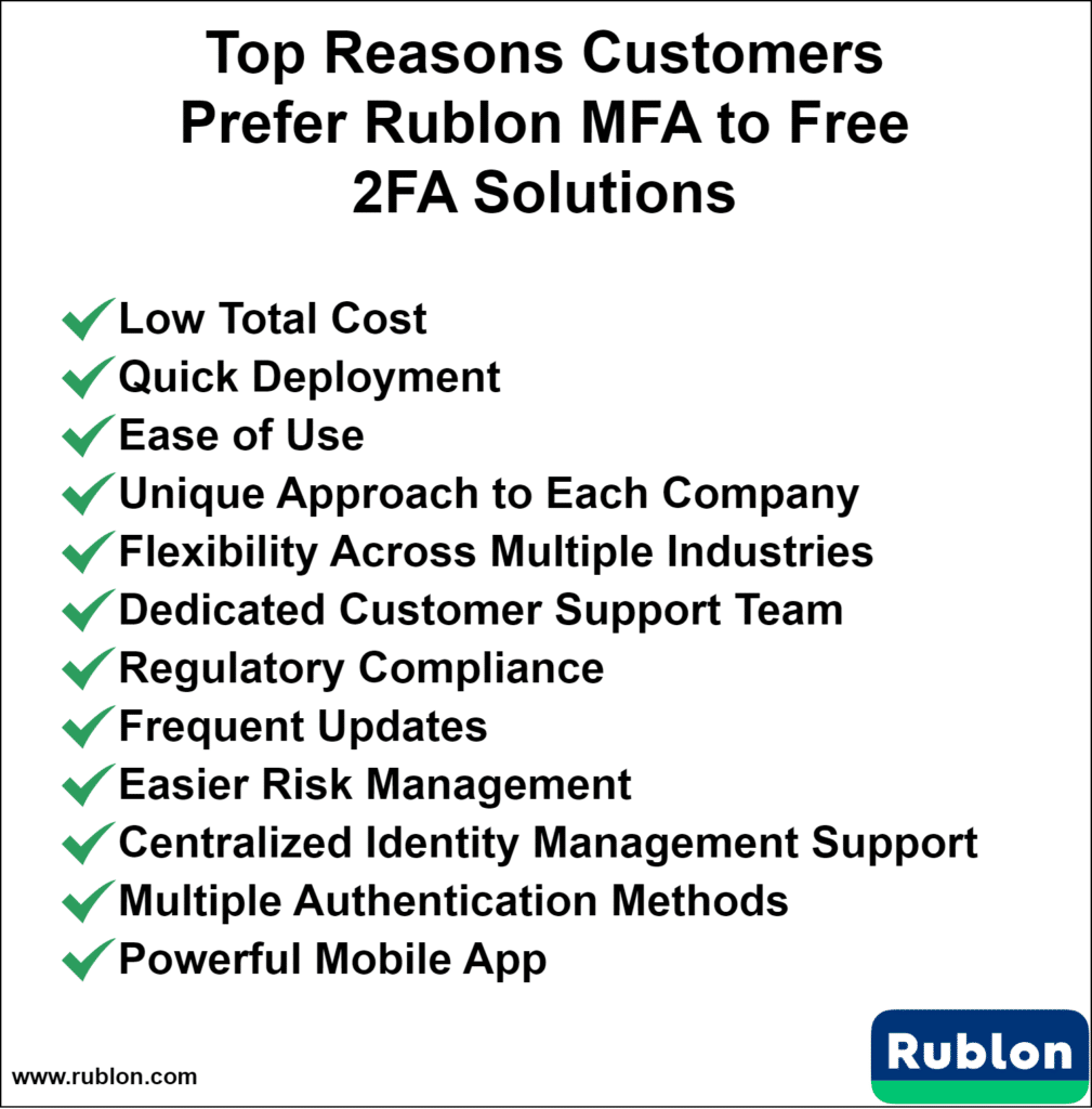 Image showing top 12 reasons customers prefer Rublon MFA to Free 2FA