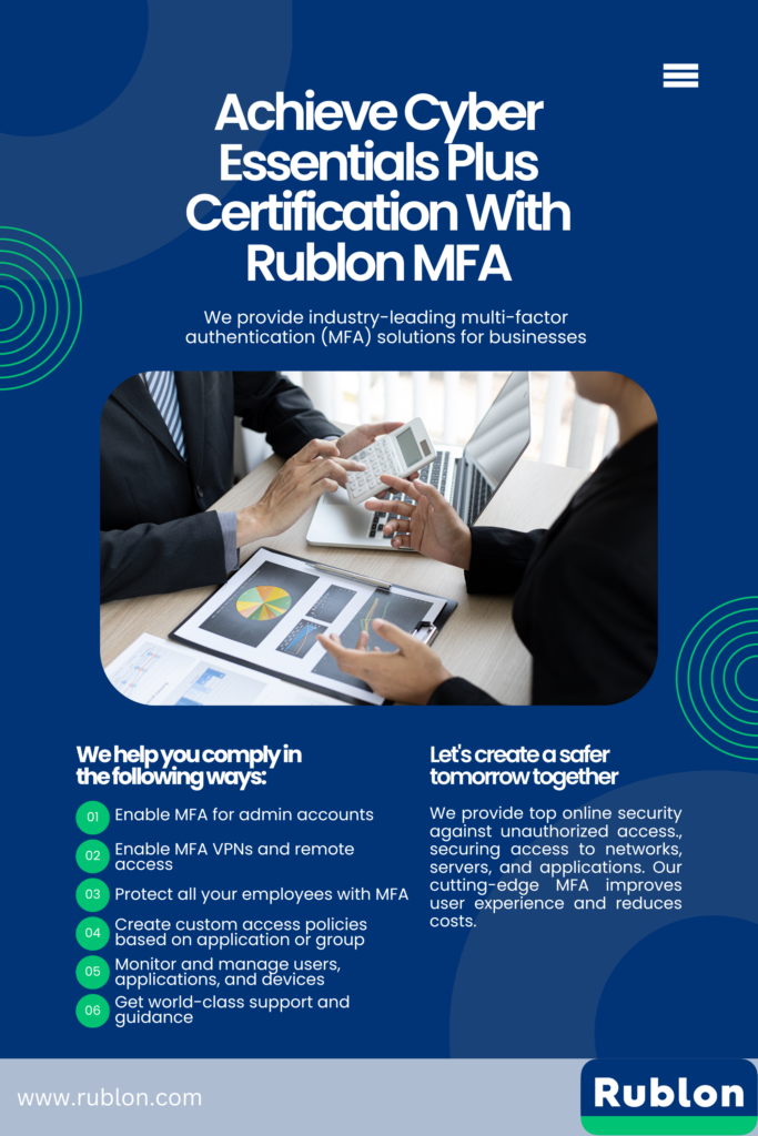 Image showing how to achieve compliance with Cyber Essentials Plus Certification using multi-factor authentication (MFA) for Remote Access