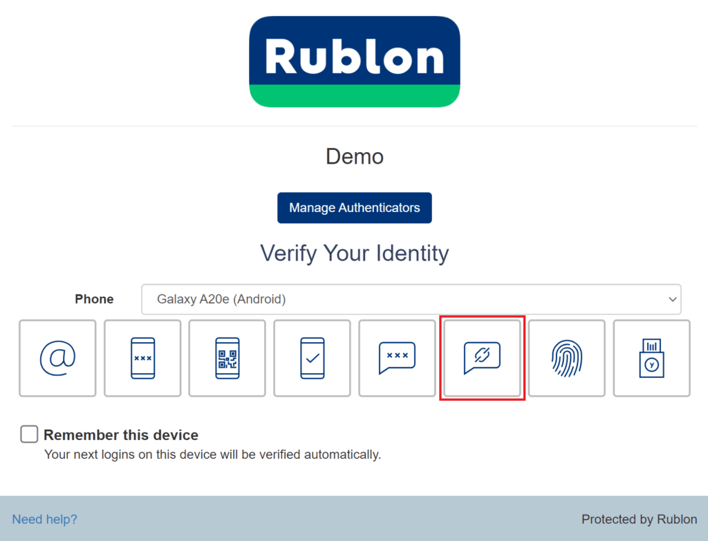 Image portraying a new MFA authentication method called SMS Link on the Rublon Prompt