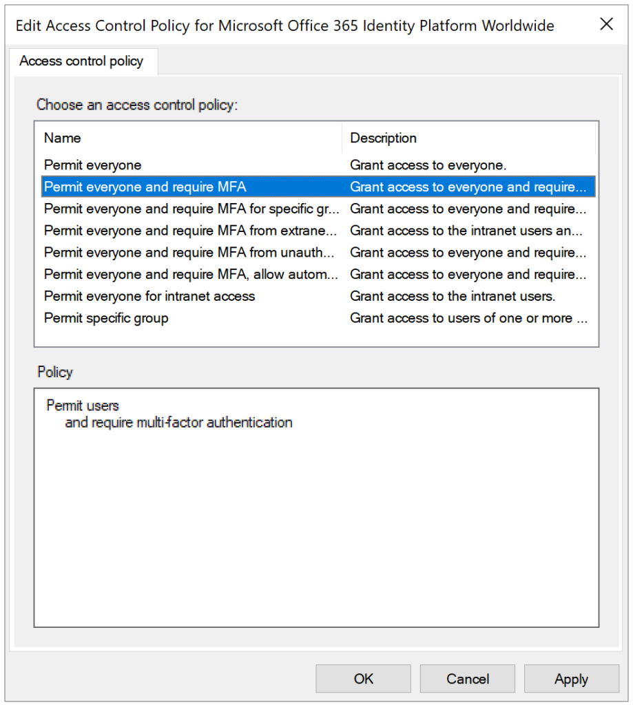 Image showing editing access control policy to permit everyone and require MFA