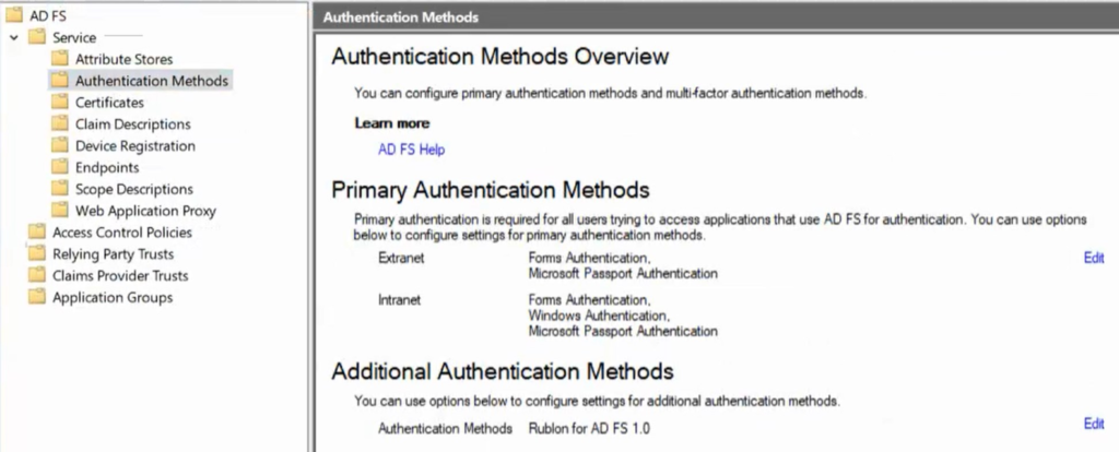 Image showing Rublon MFA for AD FS as the Additional Authentication Method in AD FS