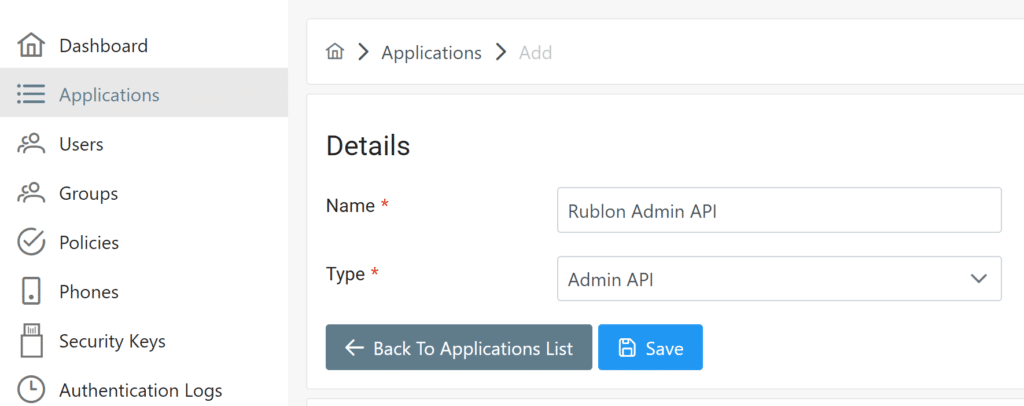 Image showing how to create an Admin API application in the Rublon Admin Console.