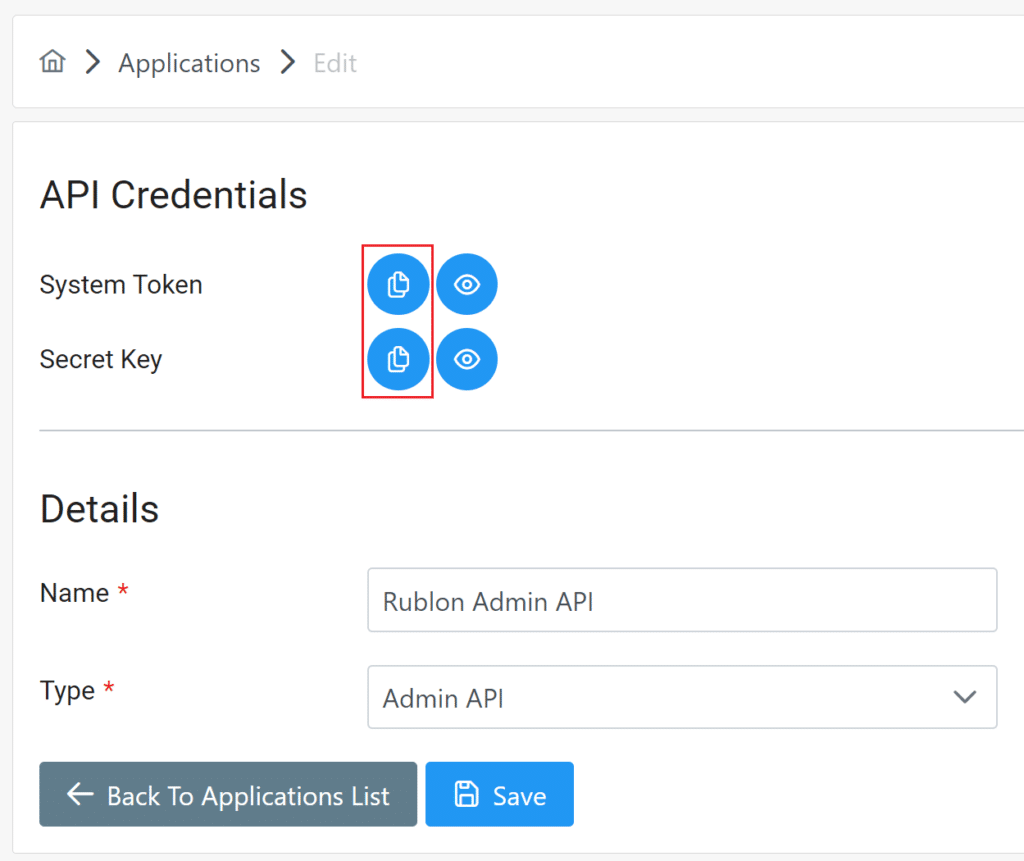 Image showing how to copy the System Token and Secret Key after creating an Admin API application in the Admin Console.