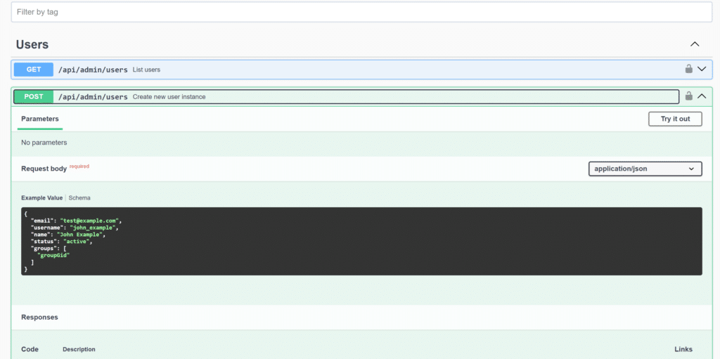 Image showing the list of endpoints on the documentation page that lists all Rublon Admin API endpoints along with parameters and responses.