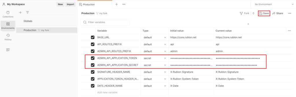 Image showing how to complete the values of System Token and Secret Key for the Rublon Postman environment.