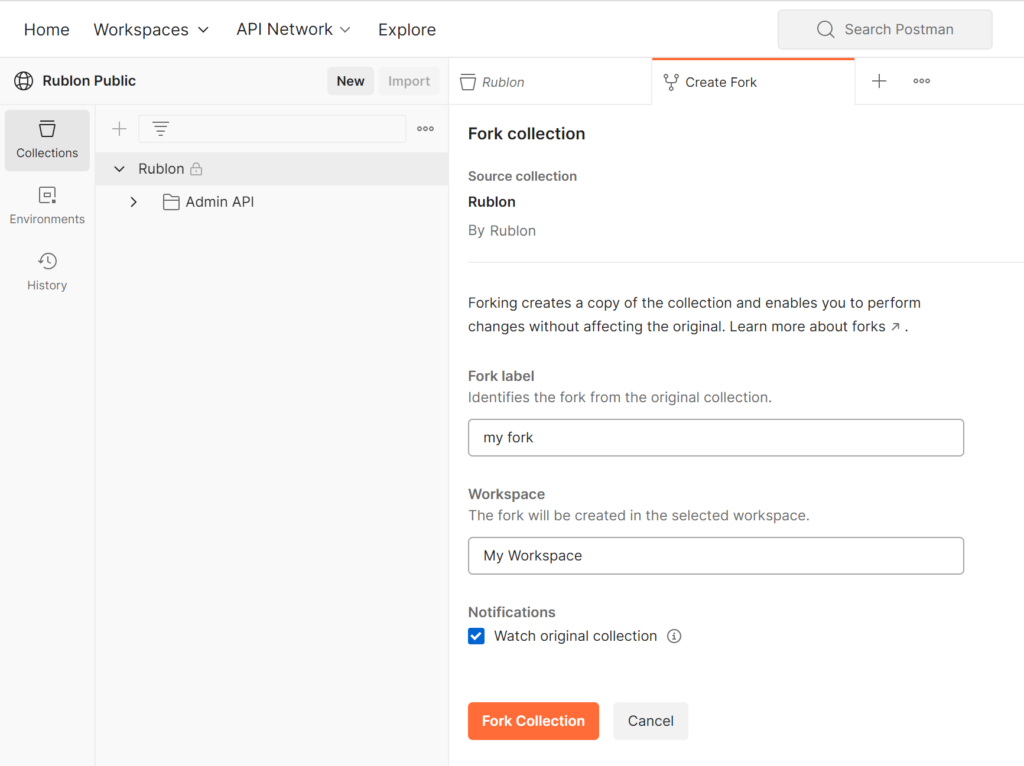 Image showing creating a fork of the Rublon Postman collection.