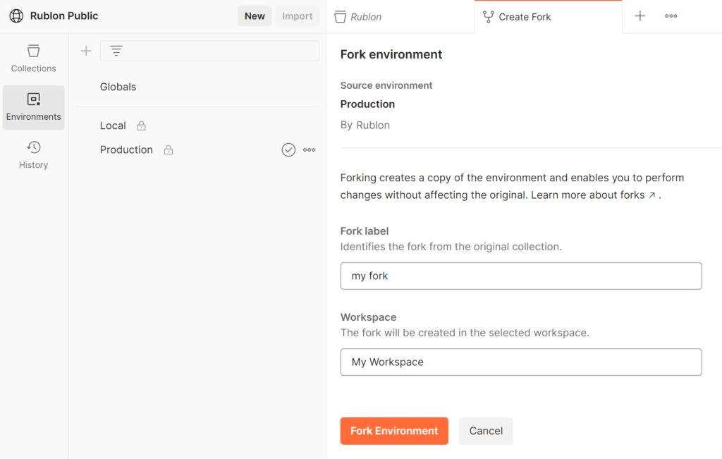 Image showing forking the Rublon Postman environment.