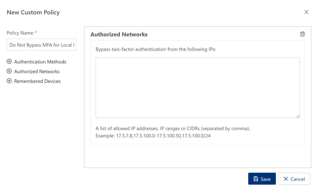 Image showing the creation of the Do Not Bypass MFA for Local Network Access policy