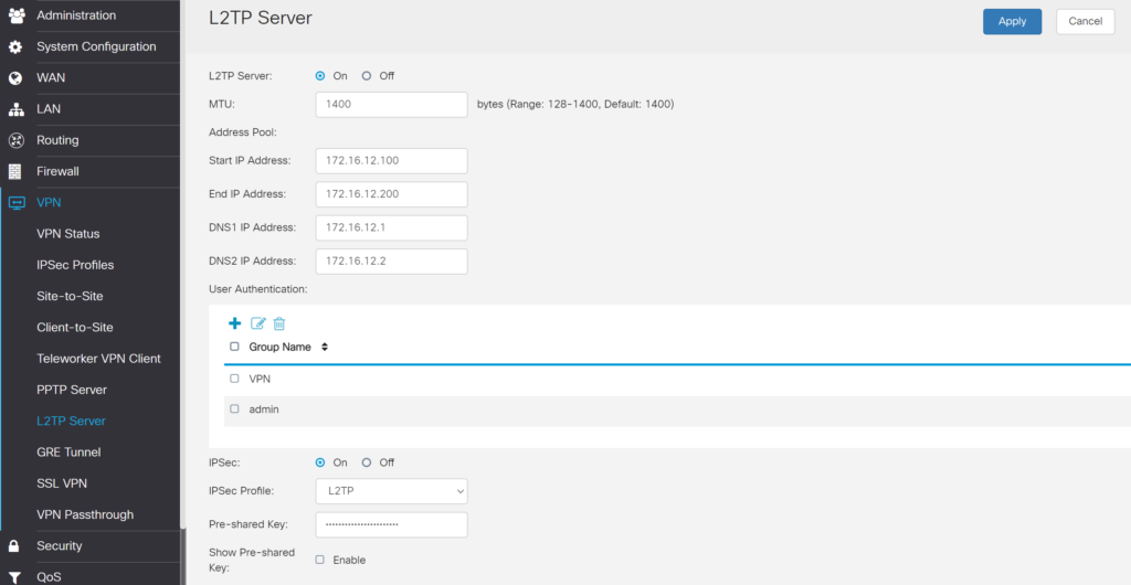 Image showing the L2TP Server view in Cisco RV340 admin panel