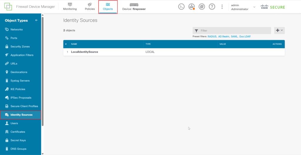 Image showing Objects in the top bar and Identity Sources in the left pane during MFA for Cisco FTD Firepower Firewall configuration in Firewall Device Manager.