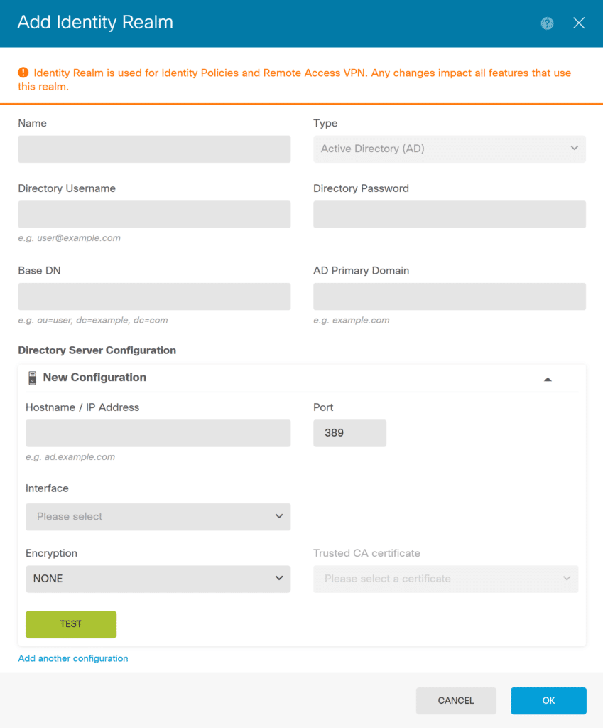 Image showing the creation of a new AD Realm during MFA for Cisco FTD Firepower Firewall configuration in Firewall Device Manager.