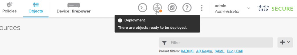 Image showing the deployment of a new AD Realm during MFA for Cisco FTD Firepower Firewall configuration in Firewall Device Manager.