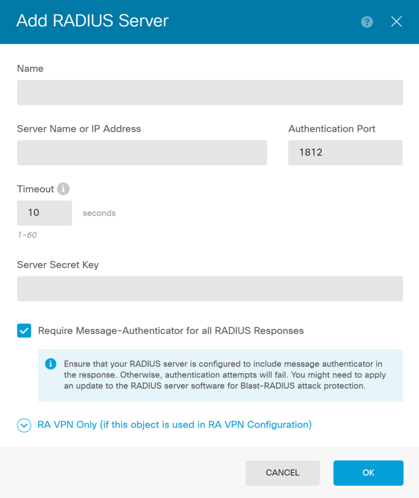 Image showing the creation of a new RADIUS Server during MFA for Cisco FTD Firepower Firewall configuration in Firewall Device Manager.