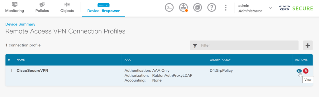Image showing how to view the Remote Access VPN configuration during MFA for Cisco FTD Firepower Firewall configuration in Firewall Device Manager.