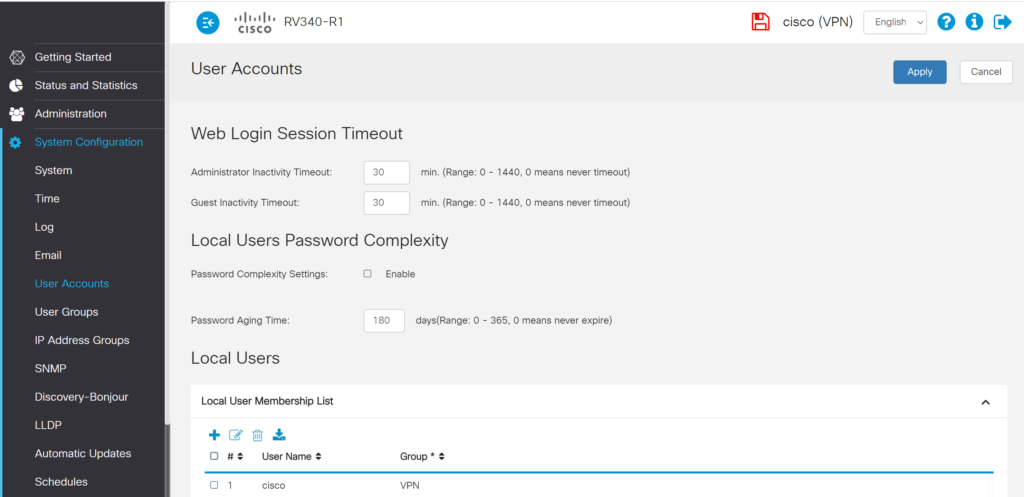 Image showing User Accounts view in Cisco RV340 admin panel