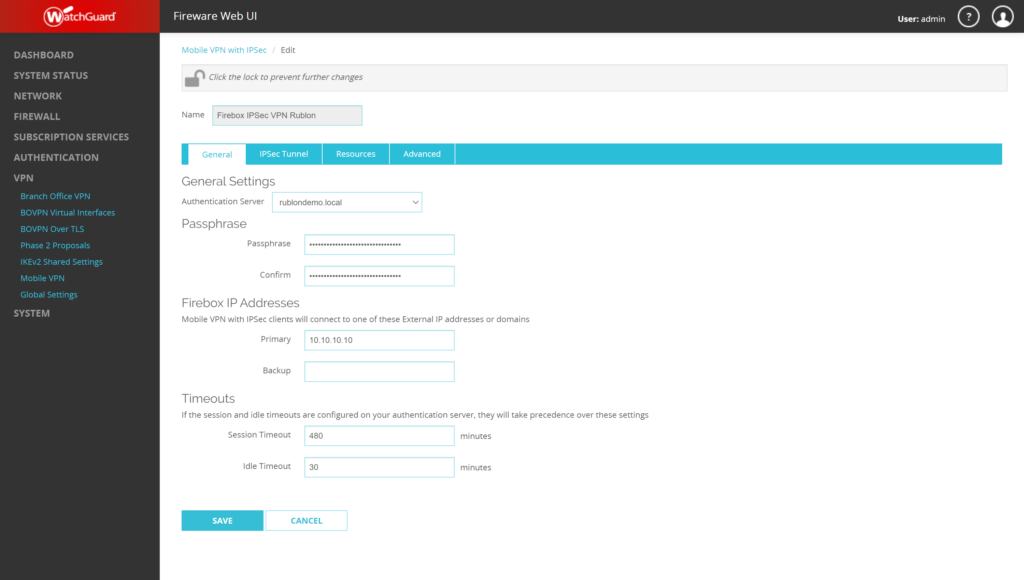 Image showing setting the RADIUS server for WatchGuard Mobile IPSec VPN