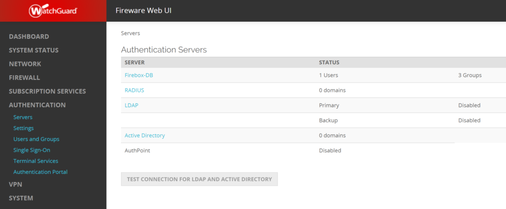 Image showing authentication servers in WatchGuard Firebox Admin Panel