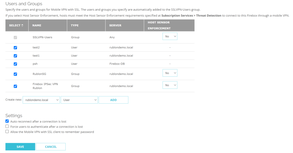 Image showing users and groups that will use MFA for WatchGuard SSL VPN