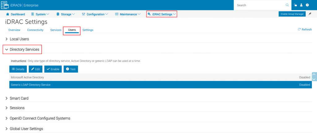 Image showing how to access Directory Services in the Dell iDRAC Web Console.