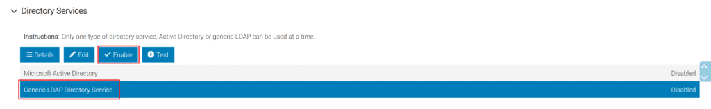 Image showing how to enable an LDAP directory service in the Dell iDRAC web console.