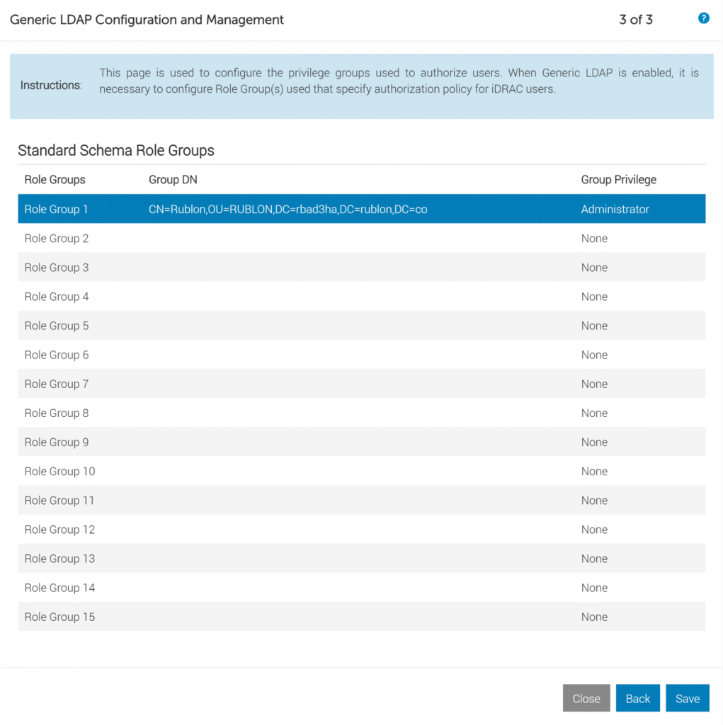 Image showing standard schema role groups in the Generic LDAP Configuration and Management window.