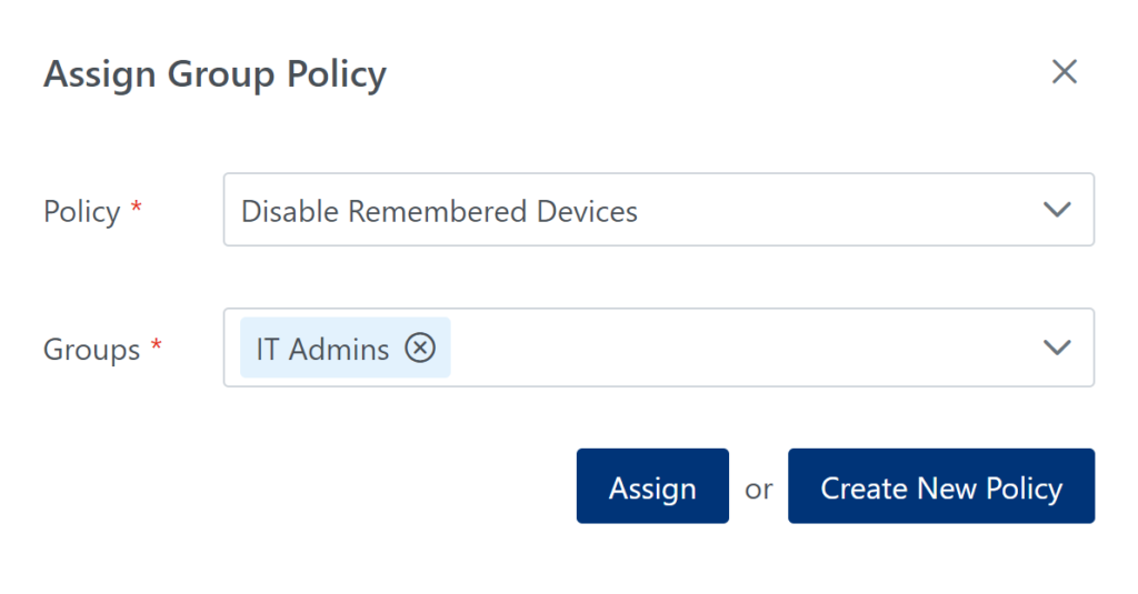 Image showing how to assign a policy to one or more user groups in the context of an application