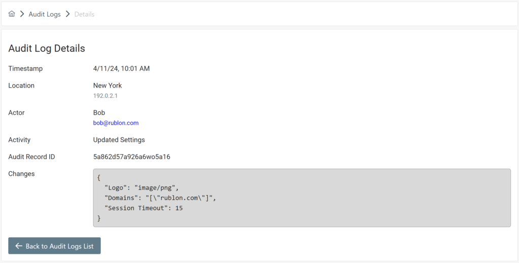 Image showing details of a specific audit log