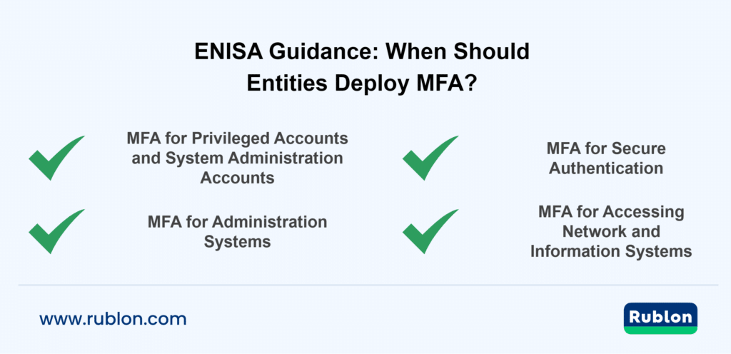 ENISA guidance mandates MFA for privileged accounts and system administration accounts, administration systems, secure authentication, and accessing network and information systems.