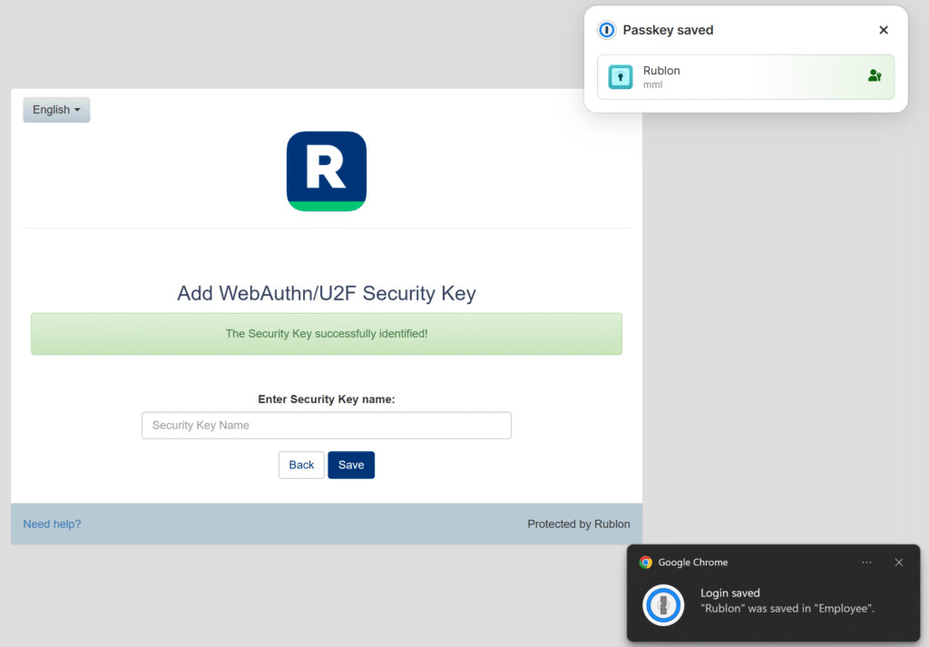 Image showing 1Password successfully saving the passkey