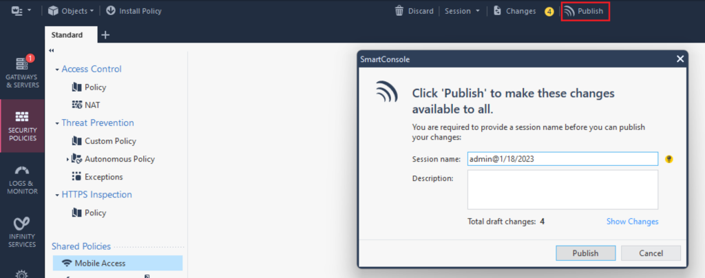 Image showing how to publish the changes made in SmartConsole