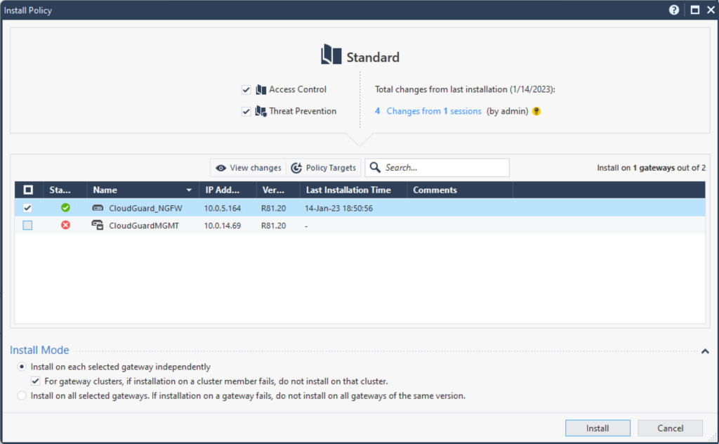 Image showing the Install Policy window