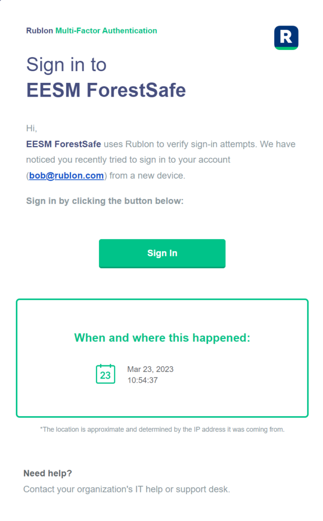 Image showing Two-Factor Authentication (2FA) login to ForestSafe via Email Link