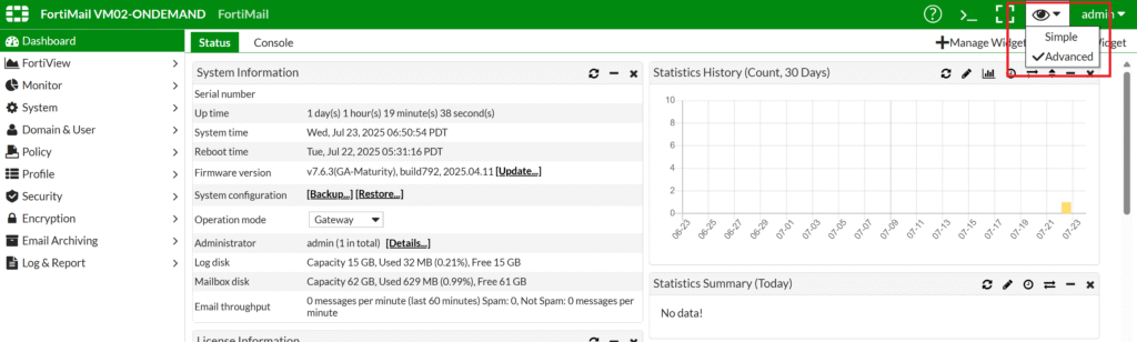 Image showing selecting the Advanced View in the FortiMail admin panel.