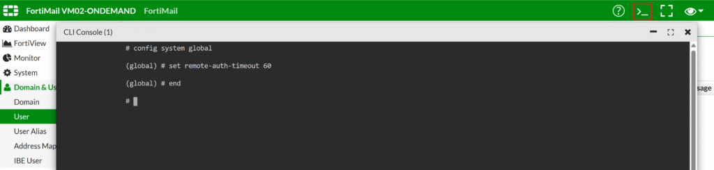 Image showing how to change the Authentication timeout in FortiMail’s CLI Console.