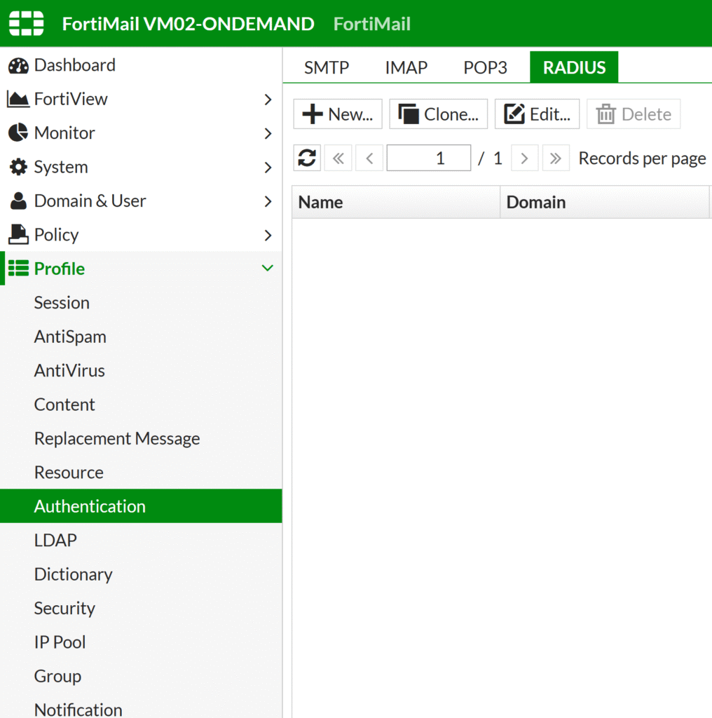 Image showing how to create a new RADIUS Authentication Profile in the FortiMail admin panel.