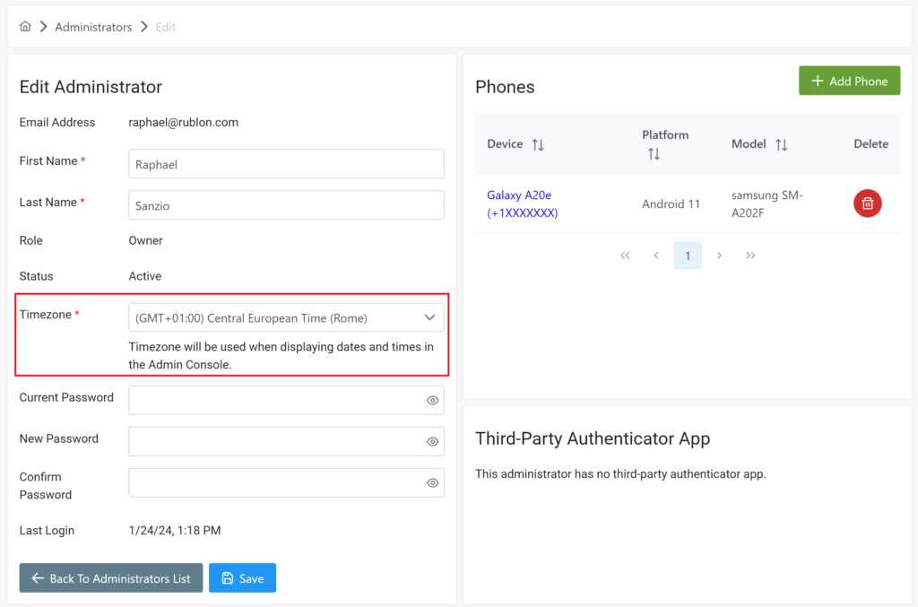 Image showing how to set Timezone in the Rublon Admin Console