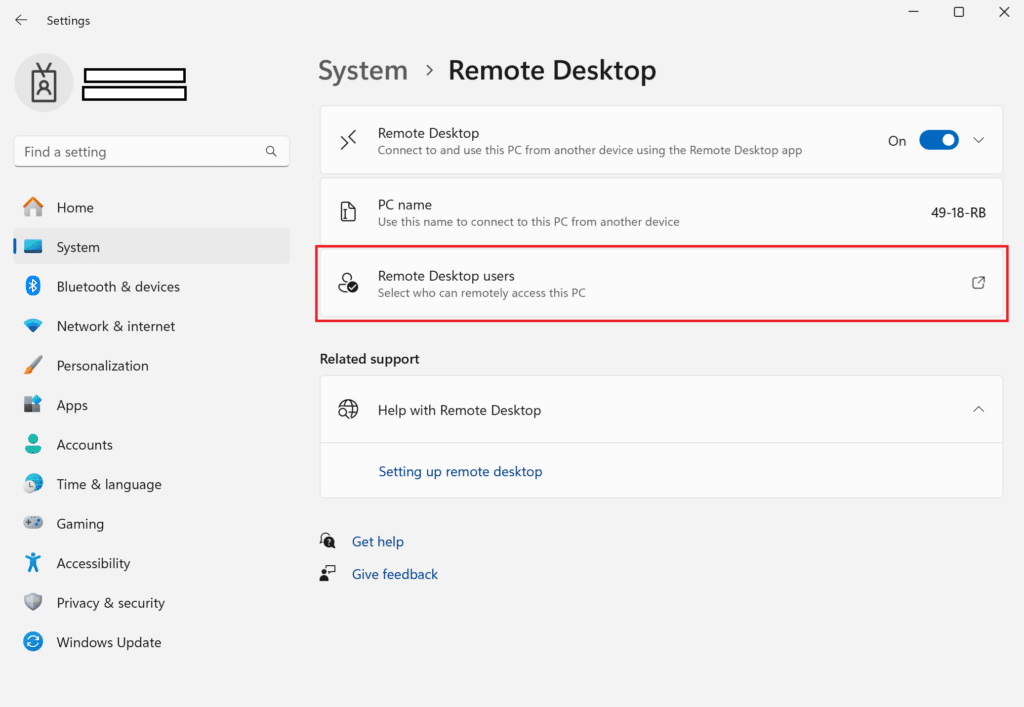 Image showing selecting Remote Desktop users in the Remote Desktop settings.