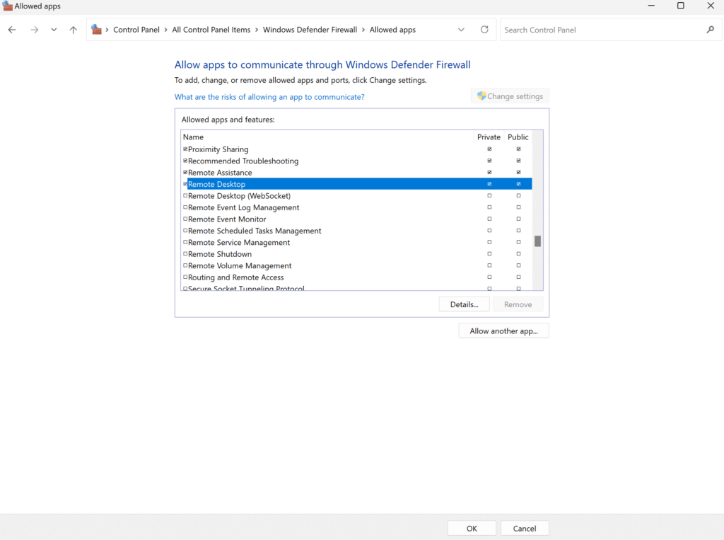 Image showing checking Remote Desktop as one of the apps allowed to communicate through Windows Defender Firewall.