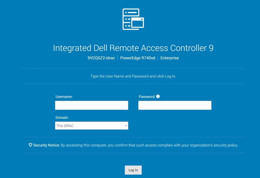 Image showing logging in to the Dell iDRAC Web Console.