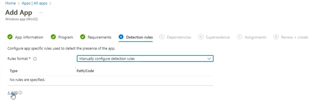 Image showing the detection rules tab during app creation in Intune