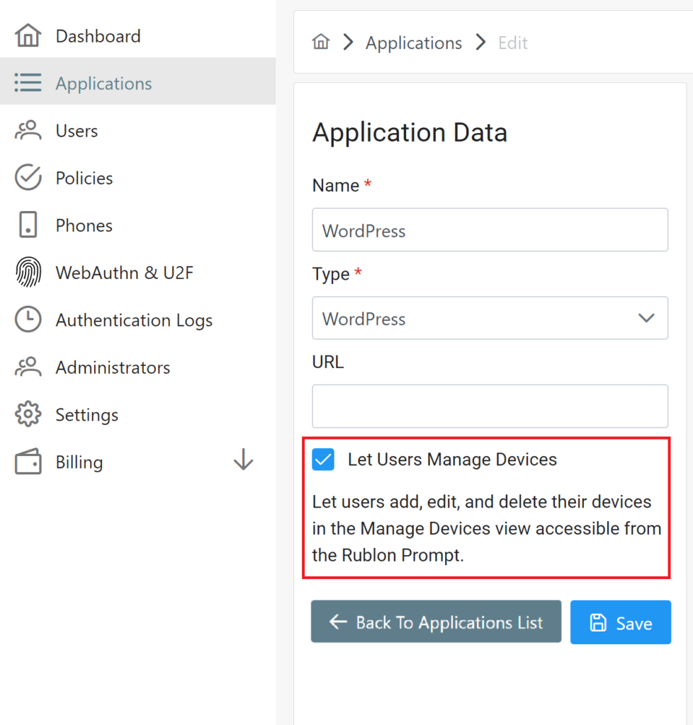 Image showing the Let Users Manage Devices checkbox visible when adding or editing an application in the Rublon Admin Console