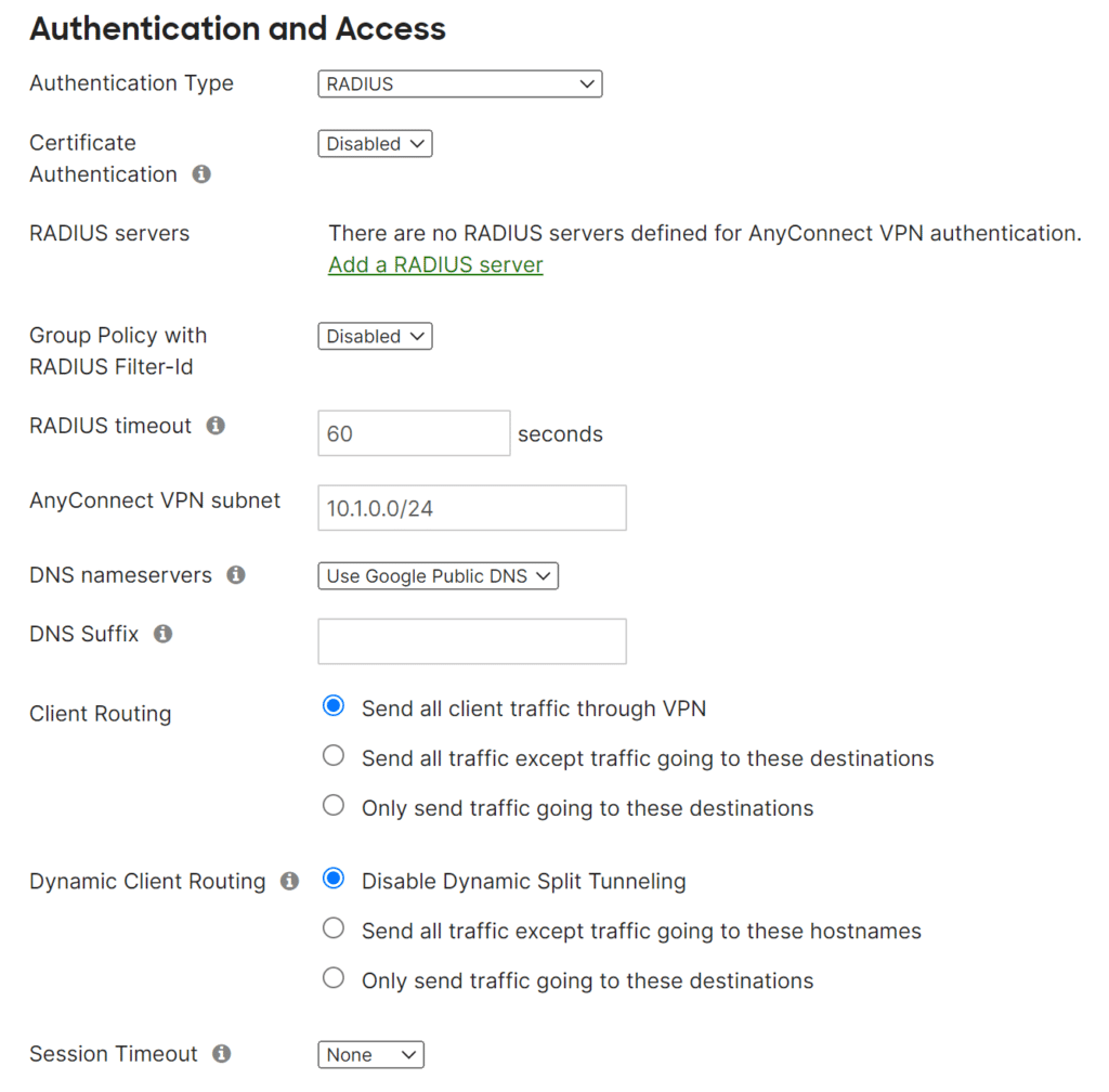 Image showing filling up the Authentication and Access section while configuring MFA for Cisco Meraki Client VPN