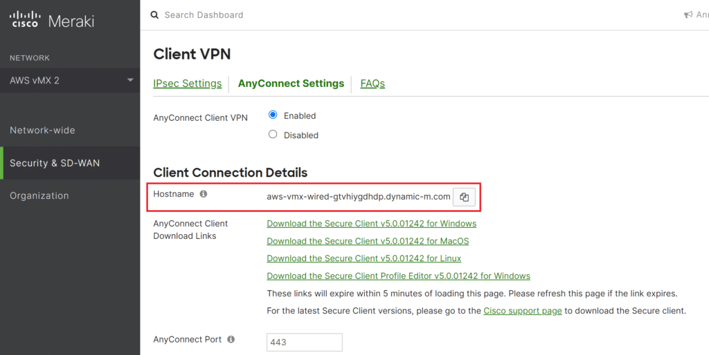 Image showing where to find the hostname for client connection to Cisco Meraki VPN