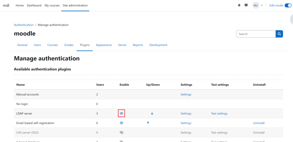 Image showing managing authentication in Moodle Site administration.