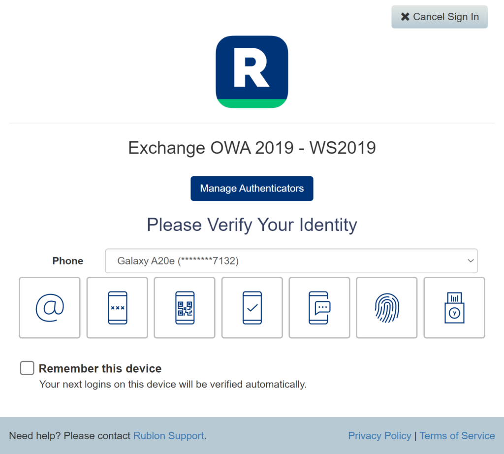 Image portraying a Rublon Prompt when logging in to the Exchange Control Panel (ECP)
