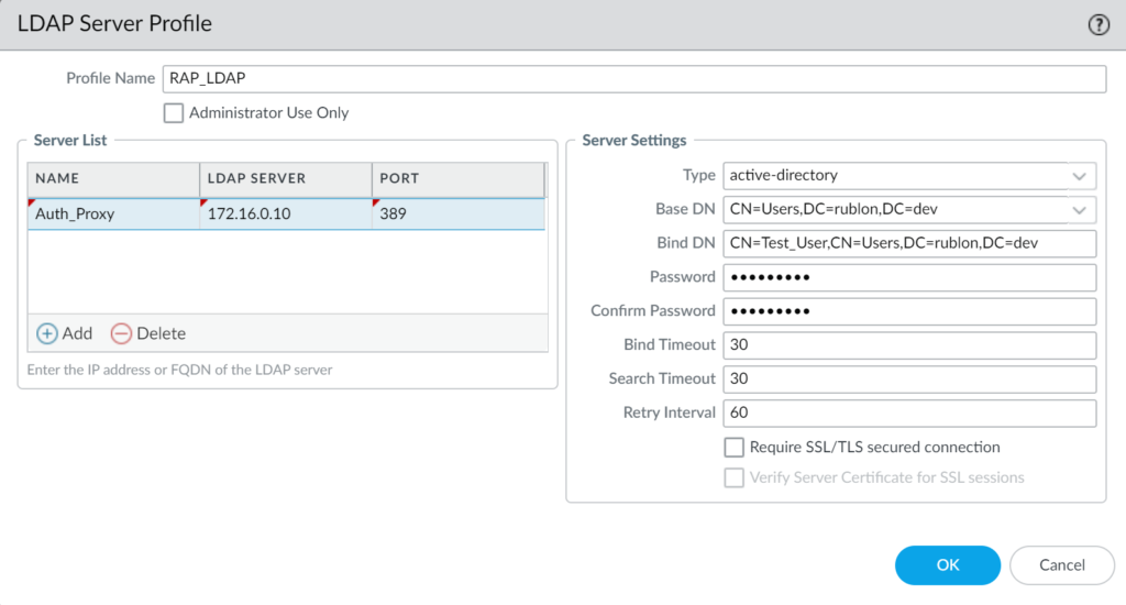 Image showing creating an LDAP server profile in the Palo Alto admin panel